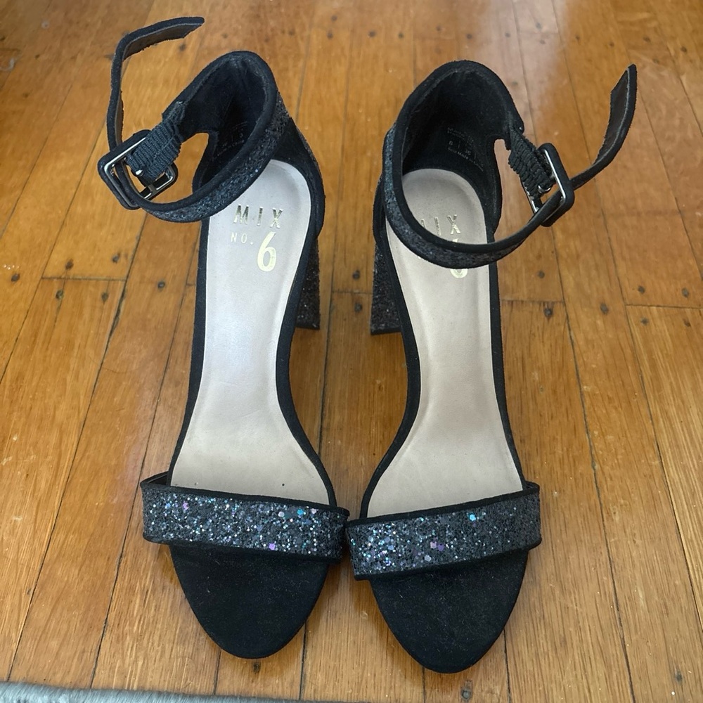 Mix No. 6 Black Glitter Ankle-Strap Block Heels